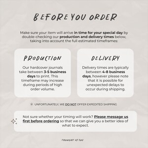 May include: A graphic with text that reads "BEFORE YOU ORDER" and provides information about production and delivery times for hardcover journals. It also states that expedited shipping is not offered.