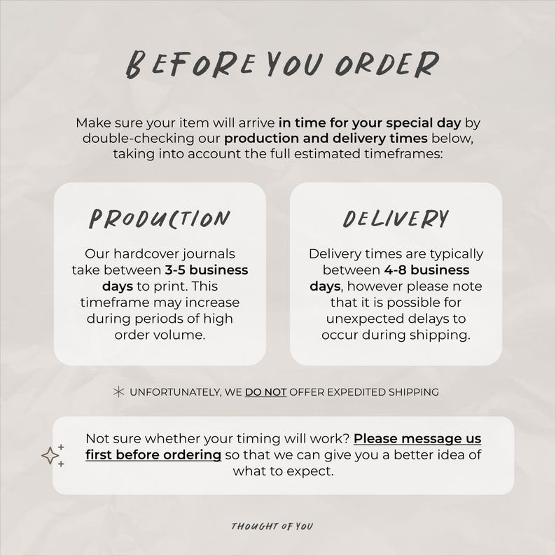 May include: A graphic with text that reads "BEFORE YOU ORDER" and provides information about production and delivery times for hardcover journals. It also states that expedited shipping is not offered.