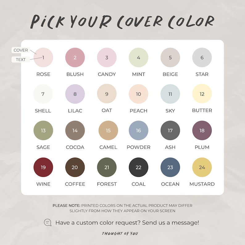 Pu&ograve; includere: Tabella colori con 24 opzioni per la copertina di un prodotto. I colori includono Rose, Blush, Candy, Mint, Beige, Star, Shell, Lilac, Oat, Peach, Sky, Butter, Sage, Cocoa, Camel, Powder, Ash, Plum, Wine, Coffee, Forest, Coal, Ocean e Mustard.