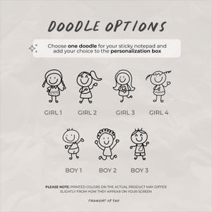 K&ouml;nnte beinhalten: Eine &Uuml;bersicht mit dem Titel DOODLE OPTIONS zeigt sieben schwarze Strichm&auml;nnchen, beschriftet als GIRL 1 bis GIRL 4 und BOY 1 bis BOY 3. Der Text weist an, ein Motiv f&uuml;r einen Haftnotizblock zu w&auml;hlen und die Wahl im Personalisierungsfeld anzugeben.