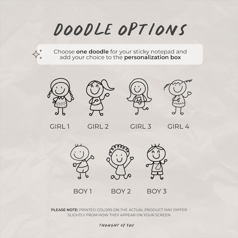 K&ouml;nnte beinhalten: Eine &Uuml;bersicht mit dem Titel DOODLE OPTIONS zeigt sieben schwarze Strichm&auml;nnchen, beschriftet als GIRL 1 bis GIRL 4 und BOY 1 bis BOY 3. Der Text weist an, ein Motiv f&uuml;r einen Haftnotizblock zu w&auml;hlen und die Wahl im Personalisierungsfeld anzugeben.