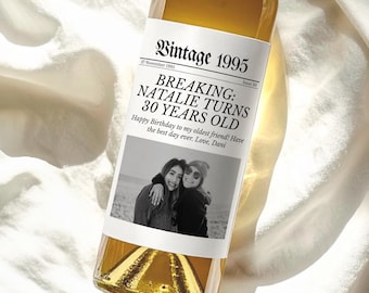 Custom Photo Birthday Wine Label, Newspaper Theme Champagne Label, 21st Birthday Bottle Label, 30th Birthday Milestone Label For Her or Him