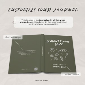 May include: An olive green recipe book with a white line art illustration of food items on the cover. The text reads Seasoned With Love, Alex & Davina's Recipe Book, and a short message about a lifetime of love. Includes a small QR code.