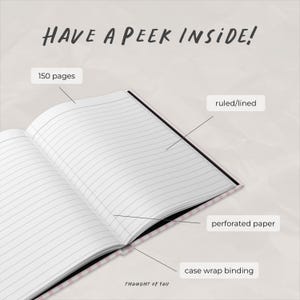 May include: Open notebook with lined pages, labelled "150 pages," "ruled/lined," and "perforated paper." The cover features a case wrap binding. Text at the top reads "HAVE A PEEK INSIDE!" and "THOUGHT OF YOU" at the bottom.