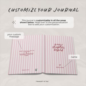May include: Open journal with pink and white striped pages. Text on the left page reads "Here's to all you've achieved & all the wonderful moments still to come." The right page says "a new chapter begins." The journal is customizable.