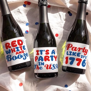 4th of July Party Favors, Patriotic Champagne Bottle Label Set, Red White & Blue Mini Champagne Stickers, American Drink Decor