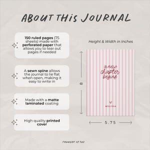 May include: A pink and white striped journal with the text "a new chapter begins." The journal is approximately 20 cm tall and 14.6 cm wide. It has 150 ruled pages, a sewn spine, and a matte laminated coating.