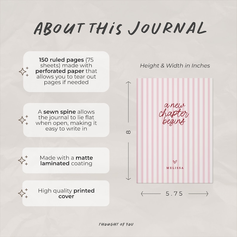 May include: A pink and white striped journal with the text "a new chapter begins." The journal is approximately 20 cm tall and 14.6 cm wide. It has 150 ruled pages, a sewn spine, and a matte laminated coating.
