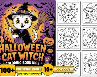 Halloween Witch Cats Coloring Pages, 100+ Illustrations (PDF)
