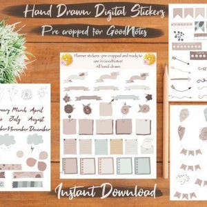 May include: Digital sticker set for GoodNotes, featuring hand-drawn elements. Includes banners, floral accents, note templates, and monthly labels. The text "Hand Drawn Digital Stickers" and "Instant Download" are visible.