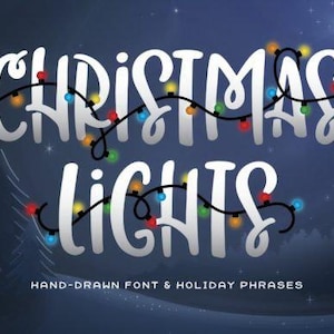 May include: A digital illustration with the words "Christmas Lights" in white, stylized lettering. The text is adorned with a string of colorful Christmas lights. The background is a dark blue gradient with a snowy forest and stars.