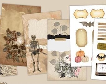 Kit de diario de Halloween, 6 páginas imprimibles vintage y pegatinas en PNG, PDF, SVG