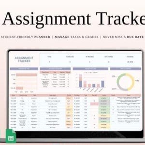 May include: A laptop displaying an assignment tracker spreadsheet. The screen shows a table with columns for tasks, due dates, and grades. The text "Assignment Tracker" is at the top, with the tagline "Student-Friendly Planner | Manage Tasks & Grades | Never Miss a Due Date."
