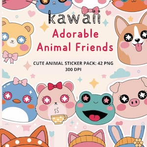 Può includere: Una collezione di adesivi di animali in stile kawaii. Gli adesivi raffigurano vari animali, tra cui gatti, conigli, un panda e un corgi, con grandi occhi scintillanti ed espressioni carine. Il testo "kawaii Adorable Animal Friends" è visualizzato. Il pacchetto di adesivi include 42 immagini PNG.