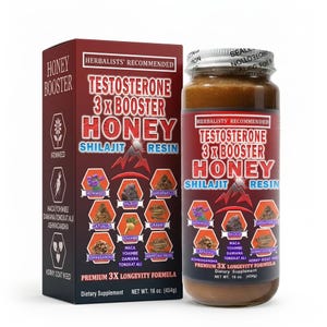 Puede incluir: Una caja y un tarro de Miel Testosterona 3x Booster. La caja es de color rojo oscuro con las palabras "Honey Booster" y "Herbalists' Recommended". El tarro tiene una etiqueta roja con el mismo texto y un gráfico de montaña. El producto es un suplemento dietético.