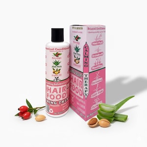 May include: A bottle of "Hair Food Calming Therapy" botanical conditioner with a black cap, next to a pink box with text and illustrations. The bottle and box are pink and white. Rosehips, aloe vera, and argan oil are listed as ingredients. The image includes aloe vera leaves and rosehips.