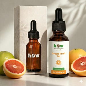 Puede incluir: Dos botellas de vidrio ámbar con cuentagotas negros, una con la palabra "how" y la otra etiquetada como "Grape Fruit Oil". La imagen incluye una caja y mitades de pomelo, con el texto "Herbal Organic Works" y "It's a miracle".