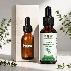 May include: Two amber glass bottles of essential oil with black droppers, one with the word "how" printed on it and the other with a label that reads "Thyme Essential Oil." A white box is behind the bottles.