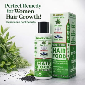 Puede incluir: Una botella blanca de aceite para el cabello "WOMEN HAIR" con una tapa negra, junto a una caja verde. La botella y la caja presentan texto e ilustraciones de árbol de té, colágeno y semilla negra. El texto dice "HAIR FOOD SCALP THERAPY".