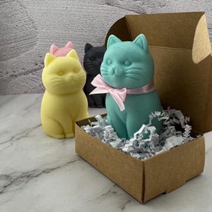 Peut inclure: Plusieurs savons en forme de chat de couleurs jaune, rose, noir et turquoise. Le savon chat turquoise est dans une boîte marron avec un ruban rose et du papier déchiqueté blanc. Décoratif.
