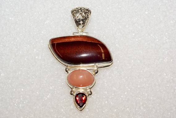 agate tiger eye garnet sterling pendant