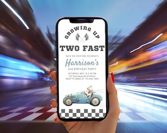 Dos invitaciones de cumpleaños rápidas para niños, invitación por mensaje de texto, temática de coche de carreras vintage, plantilla editable de Canva, fiesta de Need for Speed Racer