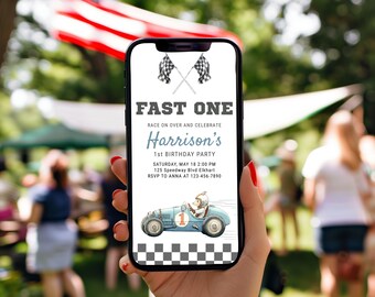 Invitación de cumpleaños rápida para niños, mensaje de texto, tema de coche de carreras vintage, plantilla editable de Canva, primera vuelta a la pista
