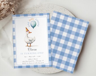 Un ganso tonto / 1er cumpleaños / Invitación de niño azul bebé / Plantilla de Canva para fiesta editable / Evite para iPhone móvil / Idea de tema para 1 año /