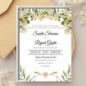 インドの結婚式招待状 | DIY Canva ジャスミンテンプレート | ヒンドゥー教の儀式カード | 日付の保存 | デジタルダウンロード | 婚約発表 |