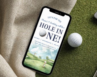 Invitación de cumpleaños de hoyo en uno para niños / Invitación de texto por teléfono / Plantilla de Canva editable / Invitación de cumpleaños con temática de golf / Primer cumpleaños de golf /