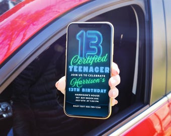 Invitación de cumpleaños número 13 / Evite móvil / Fiesta de chicos azul y verde / Diseño digital neón / Fiesta de cumpleaños de adolescentes / Plantilla Canva DIY /