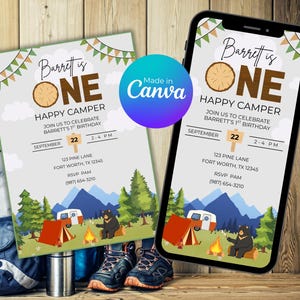 One Happy Camper First Birthday Invitation | Editable Camping Party Evite | Tent and Campfire Theme | Canva Template Digital Download