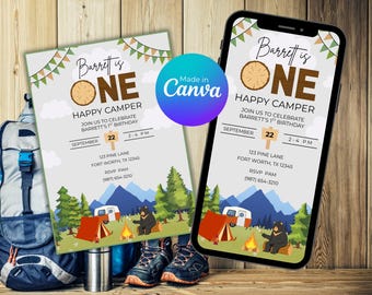 Invitación de primer cumpleaños de un campista feliz / Fiesta de camping editable con tema de carpa y fogata / Plantilla Canva para descargar digitalmente