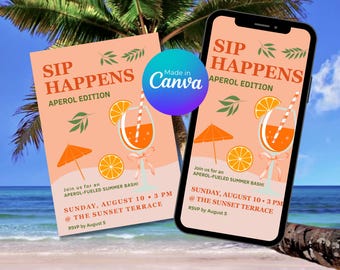 Invitación de Aperol Spritz / Invitación de fiesta Sip Happens / Invitación a una velada de cócteles de verano naranja / Plantilla editable de Canva para descargar