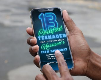Invitación de cumpleaños número 13 / Evite móvil / Fiesta de chicos azul y verde / Diseño digital neón / Fiesta de cumpleaños de adolescentes / Plantilla Canva DIY /