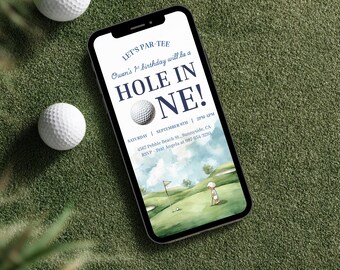 Invitación de cumpleaños de hoyo en uno para niños / Invitación de texto por teléfono / Plantilla de Canva editable / Invitación de cumpleaños con temática de golf / Primer cumpleaños de golf /