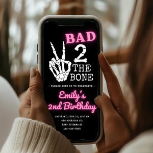Bad Two The Bone 2nd Birthday Invitation For Girls | Phone Text Invite | Editable Canva Template | Fall Birthday | Skelton Theme Evite |