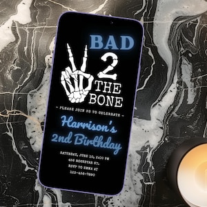 Bad Two The Bone 2nd Birthday Invitation For Boys | Phone Text Invite | Editable Canva Template | Fall Birthday | Skelton Theme Evite |