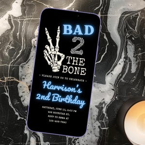Bad Two The Bone 2nd Birthday Invitation For Boys | Phone Text Invite | Editable Canva Template | Fall Birthday | Skelton Theme Evite |