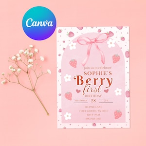 Berry First Birthday, Pink Gingham Invitation Template, Phone Invite, One Year Old Theme, Strawberry Birthday, Canva Editable