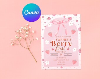 Plantilla de invitación de primer cumpleaños con diseño de bayas, a cuadros rosas, invitación telefónica, tema de primer año, cumpleaños de fresa, editable en Canva