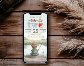 Invitación de segundo cumpleaños de Ofishally Two, Canva editable, Mensaje de texto para teléfono, Fiesta de pesca, Estética de pescador, Lago al aire libre, Diversión con carrete de pesca