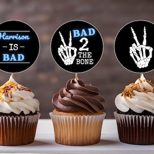 Bad Two The Bone 2nd Birthday Cupcake Toppers For Boys  | Editable Canva Template | Fall Birthday | Skelton Theme Cake Decor |