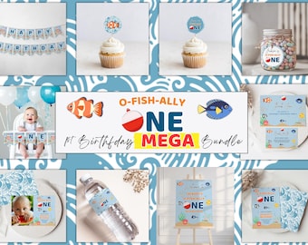 Mega paquete para primer cumpleaños de Ofishally One, plantilla editable de Canva, pancartas, letreros y pósteres imprimibles, etiquetas para comida y bebida, decoración para el primer cumpleaños