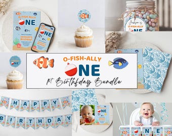 Paquete de plantillas para el primer cumpleaños de Ofishally One / Canva editable / Decoración para fiesta de animales marinos / Evite DIY / Adornos para cupcakes / Banners para fiestas