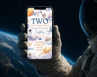 Invitación de cumpleaños de Two Infinity And Beyond / Invitación para fiesta de astronautas / Invitación del espacio exterior / Invitación para el segundo cumpleaños / Mensaje de texto telefónico Evite /