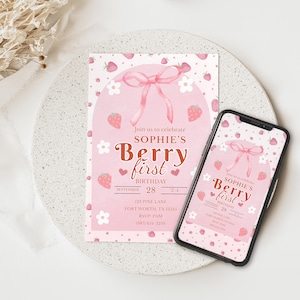 Berry First Birthday, Pink Gingham Invitation Template, Phone Invite, One Year Old Theme, Strawberry Birthday, Canva Editable