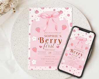 Plantilla de invitación de primer cumpleaños con diseño de bayas, a cuadros rosas, invitación telefónica, tema de primer año, cumpleaños de fresa, editable en Canva