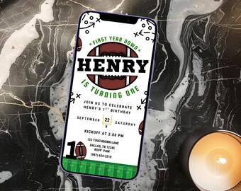 Invitación de cumpleaños para niños de primer año, invitación por mensaje de texto, fiesta de fútbol de otoño, plantilla editable de Canva, fiesta de cumpleaños deportiva