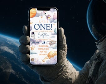 Invitación de cumpleaños para el primer viaje alrededor del sol / Invitación para fiesta de astronautas / Invitación al espacio exterior / Invitación para el primer cumpleaños / Mensaje de texto telefónico Evite /